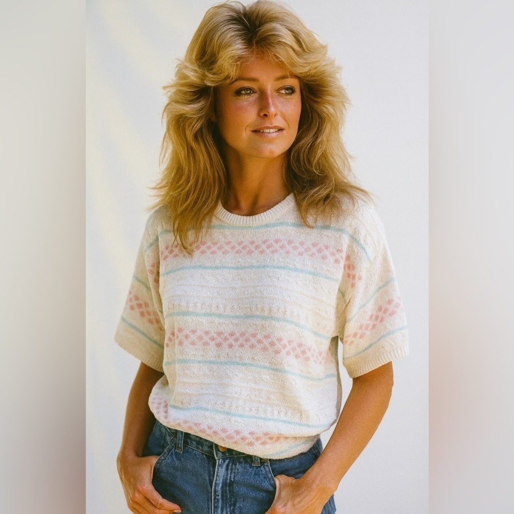 Lady pinnacle womens retro vintage 80’s short sleeve pastel sweater size XL pink